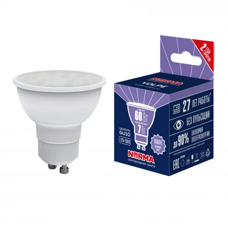 Лампа светодиодная, форма "JCDR", матовая, дневной белый свет 6500K Volpe Norma LED-JCDR-7W/6500K/GU10/NR
