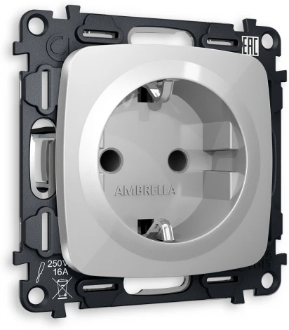 Комплект механизма Ambrella Volt электрической розетки OMEGA MO407010 Серебро глянец с заземлением и шторками 2P+E 16A-250V QUANT