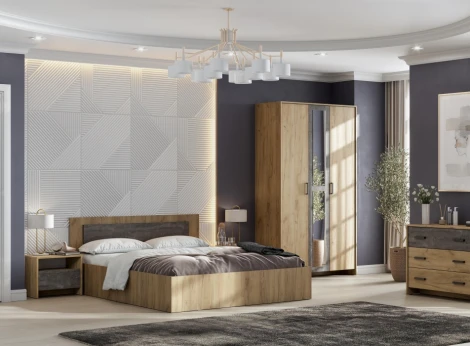 Кровать Woodville Taika 140х200 дуб золотой / камень темный