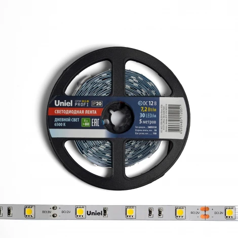 Светодиодная лента Uniel ULS-M22-5050-30LED/m-10mm-IP20-DC12V-7,2W/m-5M-6500K PROFI катушка в герметичной упаковке