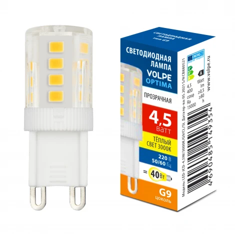 Лампа светодиодная, прозрачная. теплый белый свет 3000K Volpe Optima LED-JCD-4,5W/3000K/G9/CL/SLS