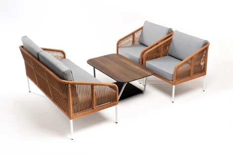 "Канны" лаунж-зона 4-местная из роупа со столом "Глория" цвет "дуб", каркас алюминиевый белый, роуп оранжевый меланж 4SIS арт.УТ-00005961