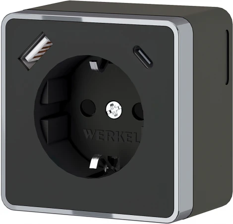 Розетка с заземлением,шторками и USB Type A+С (чёрный хром) Werkel W5071735 (a057702)