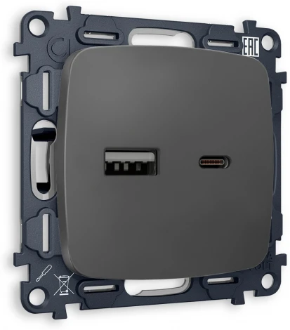 Комплект механизма Ambrella Volt розетки OMEGA MO911010 Графит мягкое касание 2USB A+C 20W быстрая зарядка QUANT