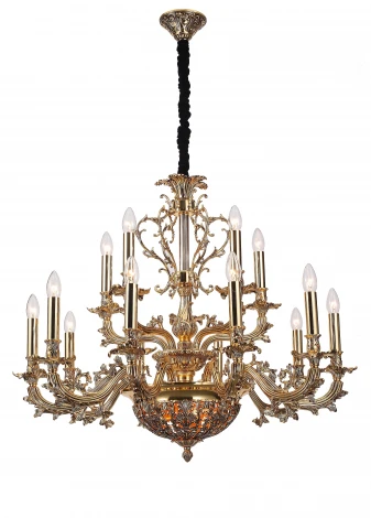 Подвесная большая люстра Lucia Tucci Firenze 1780.15.3 antique gold (220V, на цепи, подсвечник, свеча, листья, ветки)