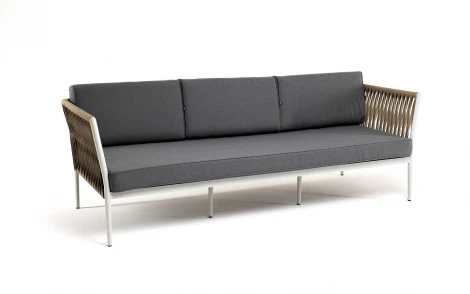 "Касабланка" диван 3-местный плетеный из роупа, каркас алюминий светло-серый (RAL7035) муар, роуп серо-коричневый 23мм, ткань серая 017 4SIS арт.УТ-00006210
