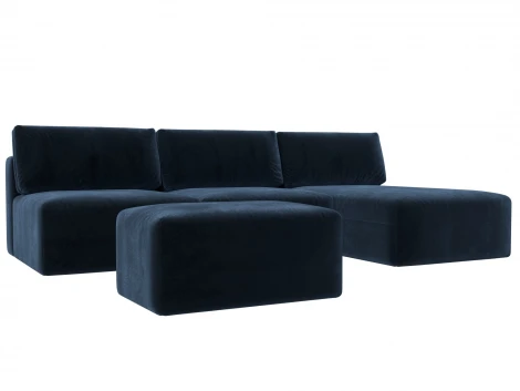 Диван угловой модульный с пуфом Лига-060 НПБ Лонг угол универсальный (ЛДСП,Брус,Фанера/Пластик/Велюр/Синий) Лига Диванов 129514