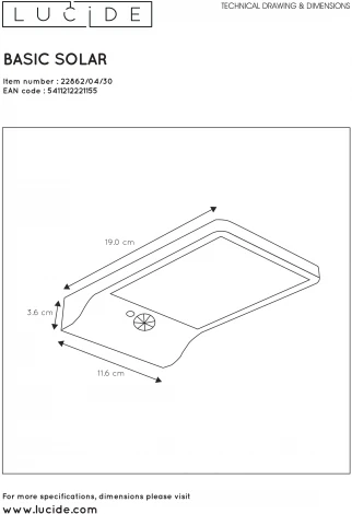 Настенный светильник уличный на солнечной батарее Lucide Basic 22862/04/30 (LED, 220V, датчик движения, IP44)