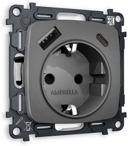 Комплект механизма Ambrella Volt электрической розетки OMEGA MO660010 Антрацит серый 2USB A+C 20W быстрая зарядка с заземлением и шторками 2P+E 16A-250V QUANT