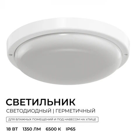 Настенно-потолочный светильник светодиодный герметичный 18Вт 1350лм 6500К IP65 круг, белый OGM О28-10