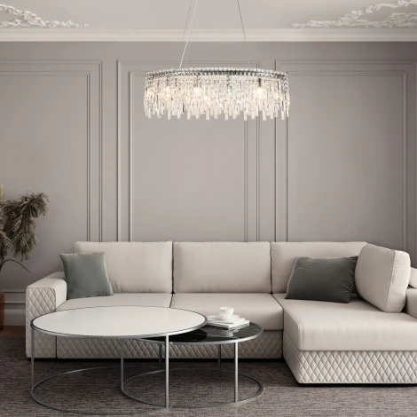 Подвесная люстра Wi-Fi хрустальная Eurosvet Blitz 60159/10 хром/ прозрачный хрусталь Strotskis хром (220V, управление смартфоном, голосовое управление, умный дом - Minimir Home, Алиса, Маруся, Салют, на тросе)