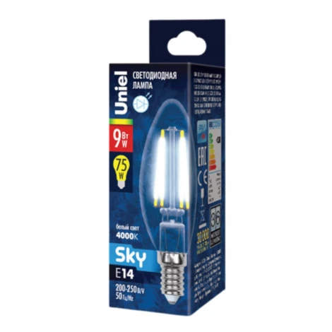 Лампочка светодиодная свеча прозрачная E14 9W 4000K Uniel LED-C35-9W/4000K/E14/CL PLS02WH