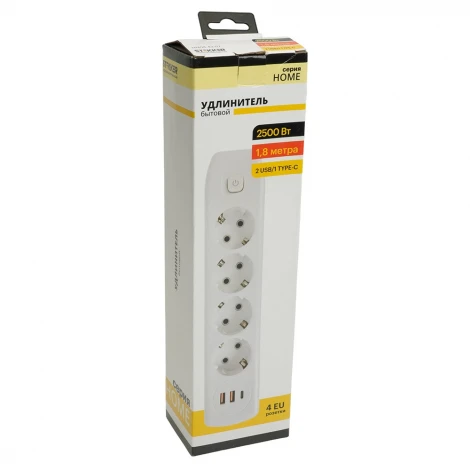 Удлинитель 4-х местный 2хUSB Type A+C 1,8м. (белый) Stekker Home plus 49971