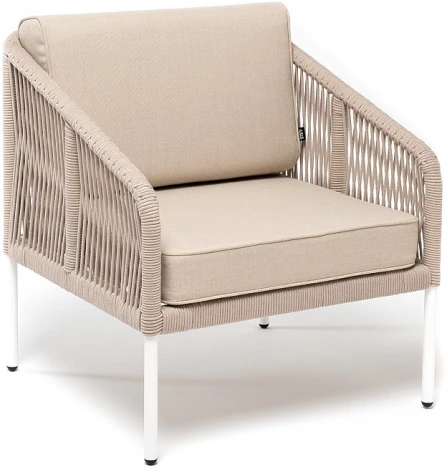 "Канны" кресло плетеное из роупа, каркас алюминий белый, муар, роуп бежевый круглый, ткань бежевая 035 4SIS арт.УТ-00006130