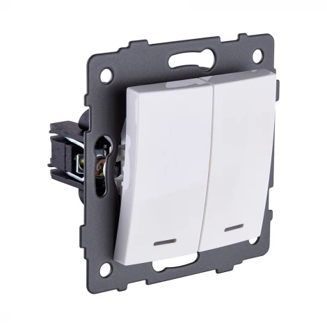 Выключатель 2-клавишный проходной 10А/250В с LED подсветкой, изогнутый, белый Kollinger REA-R-010WH для Aspekt, Eleganz, Reflex