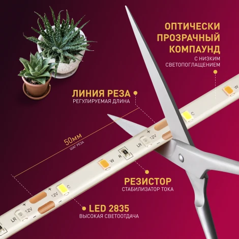Светодиодная лента для растений 12V 3м ЭРА FITO-Strip Light-Rа90-3m