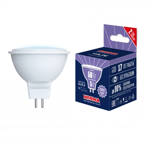 Лампа светодиодная, матовая, дневной белый свет 6500K Volpe Norma LED-MR16-5W/6500K/GU5.3/FR/NR