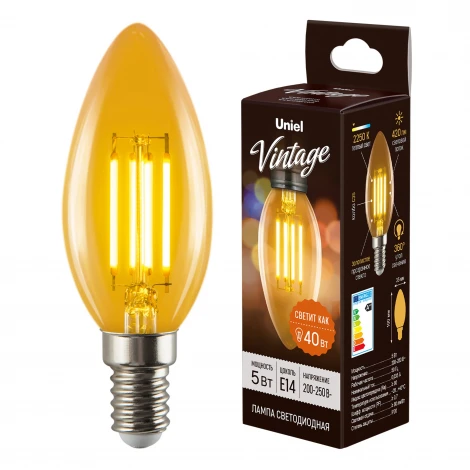 Лампочка светодиодная свеча желтая E14 5W Uniel LED-C35-5W/GOLDEN/E14 GLV21GO