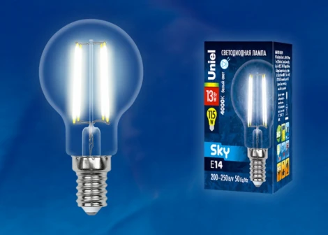 Лампочка светодиодная шар прозрачная E14 13W 4000K Uniel LED-G45-13W/4000K/E14/CL PLS02WH