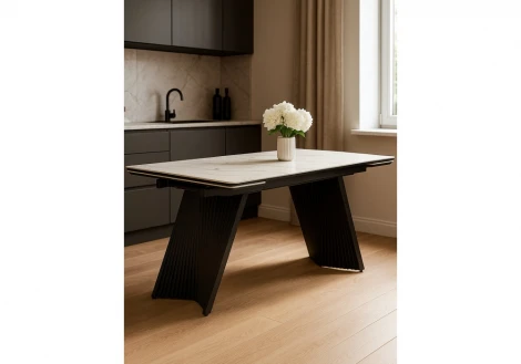 Кухонный стол Notta Вейв 160(220)х89 белый с прожилками gilt white / черный