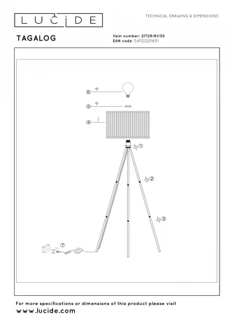 Торшер на треноге с выключателем Lucide Tagalog 21729/81/30