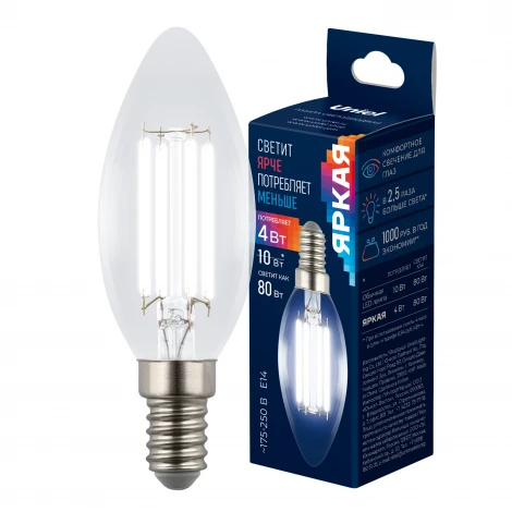 Лампа светодиодная, прозрачная, белый свет 4000K Uniel Яркая A++ LED-C35-4W/4000K/E14/CL GLY01TR