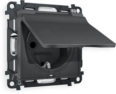 Комплект механизма Ambrella Volt электрической розетки ALFA MA908010 Графит мягкое касание с заземлением с шторками и защитной крышкой 2P+E 16A-250V IP44 QUANT