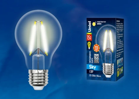 Лампочка светодиодная груша прозрачная E27 15W 3000K Uniel LED-A60-15W/3000K/E27/CL PLS02WH