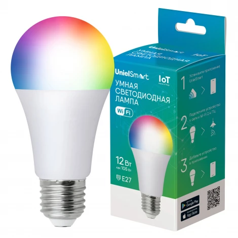 Умная лампа светодиодная Wi-Fi Bluetooth, диммируемая, матовая, 2700-6500K+RGB. Голосовое управление приложение UnielSmart Uniel LED-A60-12W/RGBW/E27/230V/WF/FR PLS80WH