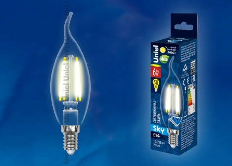 Лампочка светодиодная свеча на ветру прозрачная E14 6W 3000K Uniel LED-CW35-6W/WW/E14/CL PLS02WH