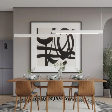 Подвесной линейный светильник Novotech Iter 359549 белый диммир. со сменой цв.темпер. (пульт ДУ/прилож. Smart Life) LED 12/24W 220V 3000-5700К (регулировка яркости, умный дом - Алиса, Tuya Smart, Smart Life, на тросе)