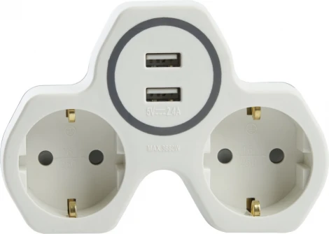 Разветвитель на 2 гнезда с заземлением и 2xUSB (белый,серый) Stekker 32872