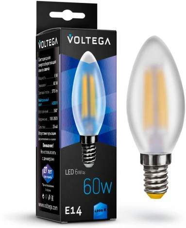 Лампочка светодиодная свеча белая колба E14 6 Вт 570 lm 4000K нейтральное белое свечение Voltega Crystal 7045