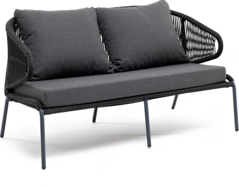 "Милан" диван 2-местный плетеный из роупа, каркас алюминий темно-серый (RAL7024) муар, роуп темно-серый круглый, ткань темно-серая 027 4SIS арт.УТ-00006846