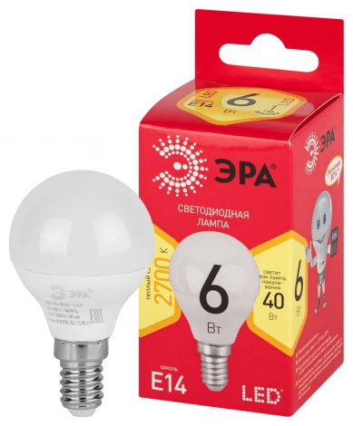Лампочка светодиодная E14 6W ЭРА LED P45-6W-827-E14 R
