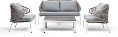 "Милан" лаунж-зона 4-местная плетеная из роупа (веревки), каркас алюминиевый белый, роуп бежевый 4SIS арт.УТ-00005967