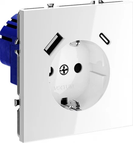 Розетка с заземлением, шторками и USB Type A+С (белый глянцевый) Voltum S70 VLS040501