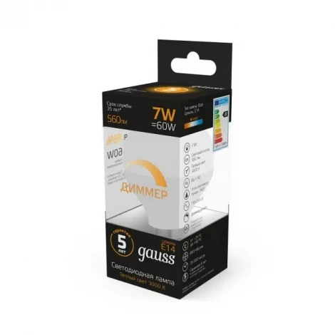 Лампочка светодиодная E14 6,5 Вт 610 lm 2700K теплое свечение Gauss 105101107