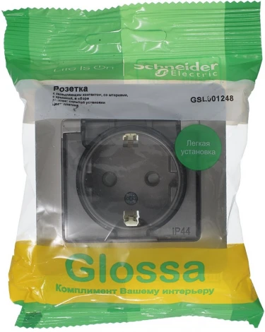 Розетка встраиваемая с заземлением, шторками и крышкой (платина) IP44 Systeme Electric Glossa GSL001248