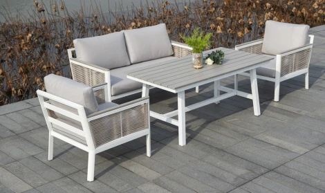 "Сан Ремо" кресло плетеное из роупа садовое, каркас алюминий белый, роуп бежевый, ткань бежевая 4SIS арт.УТ-00000521