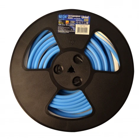 Светодиодная гибкая герметичная лента катушка 15м синий свет Uniel Neon ULS-N11-2835-120LED/m-8mm-IP67-DC24V-10W/m-15M-BLUE катушка в герметичной упаковке