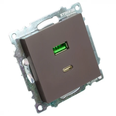 Розетка USB Type A+С (шоколад) Stekker Катрин 50057