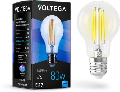 Лампочка светодиодная филаментная E27 8 Вт 820 lm 4000K нейтральное белое свечение диммируемая Voltega Crystal 5490