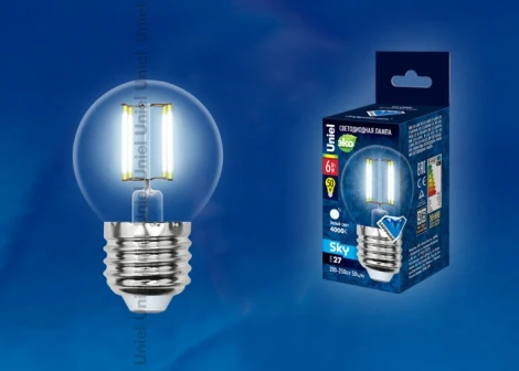 Лампочка светодиодная шар прозрачная E27 6W 4000K Uniel LED-G45-6W/NW/E27/CL PLS02WH