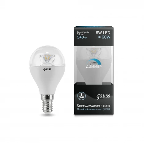 Лампочка светодиодная диммируемая E14 6W Gauss Globe Crystal Clear 105201206-D