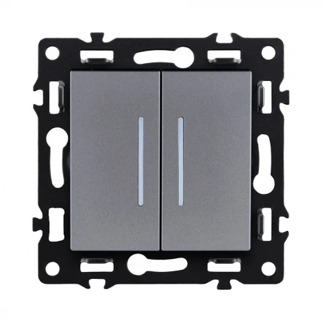 Выключатель 2-клавишный проходной 10А/250В с LED подсветкой, серый Kollinger Asthetik AS-011GY