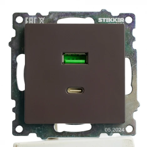 Розетка USB Type A+С (шоколад) Stekker Катрин 50057