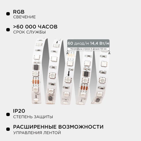 Комплект адресной светодиодной ленты 24В 14,4Вт/м SMD5050 60д/м IP20 ширина подложки 10мм(белая) 2м, RGB с аксессуарами Apeyron 10-91