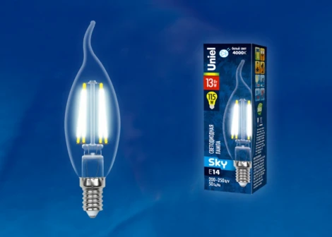 Лампочка светодиодная свеча на ветру прозрачная E14 13W 4000K Uniel LED-CW35-13W/4000K/E14/CL PLS02WH
