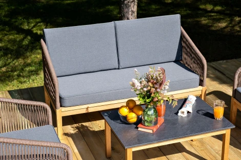 "Канны" лаунж-зона 4-местная из роупа со столиком "Канны" (серый гранит), основание дуб, роуп коричневый 4SIS арт.УТ-00004760